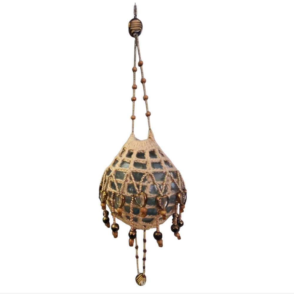 Handcrafted Beaded Glass Fishing Float Hanging Ornament With Macrame